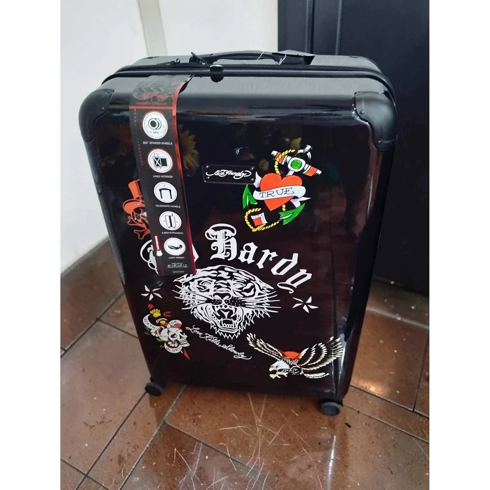 Ed Hardy Hardside Luggage Black Tiger Eagle Skull 32 Inch Spinner Suitcase NEW